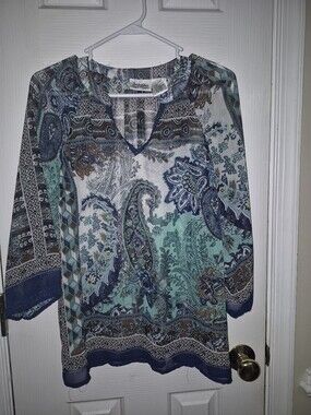 Paisley V-Neck Tunic in Teal and Navy - Lightweight Women's Top